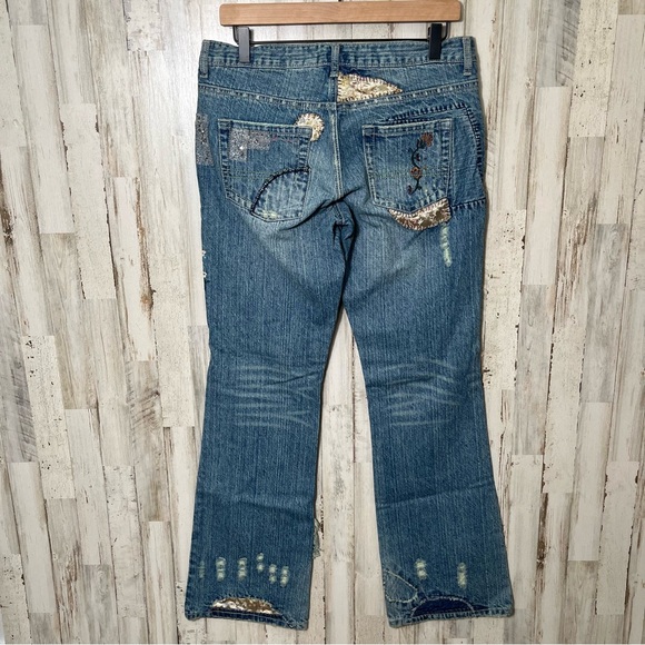 Vanilla Star Patchwork Distressed Floral Flare Low Rise Jeans‎ Womens Size 11 - Picture 7 of 7